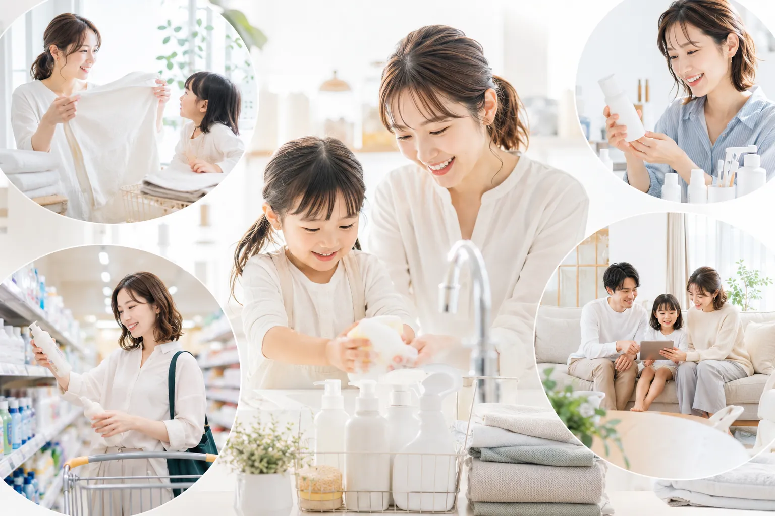 F1/F2層の女性と子どもの日常シーンのコラージュ