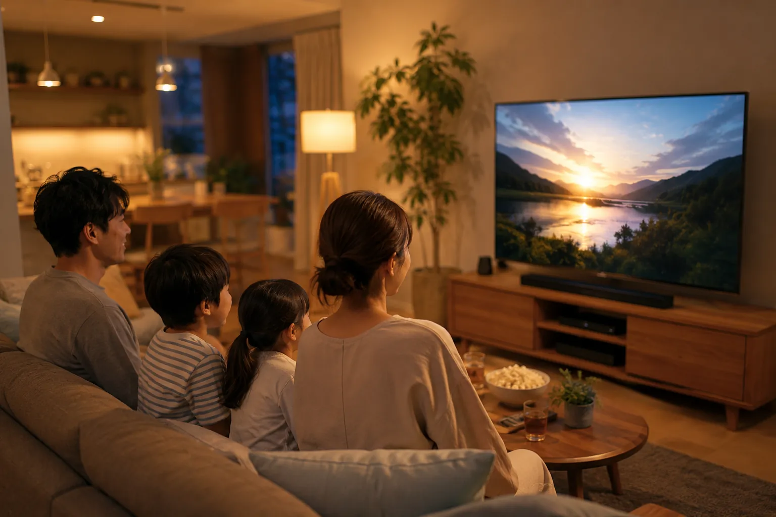 夕方のリビングで家族がコネクテッドTVを視聴